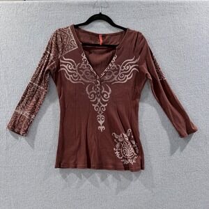 Ribbed Graphic Henley Long Sleeve Shirt Boho Y2K Medium Goth Grunge Womens Brown